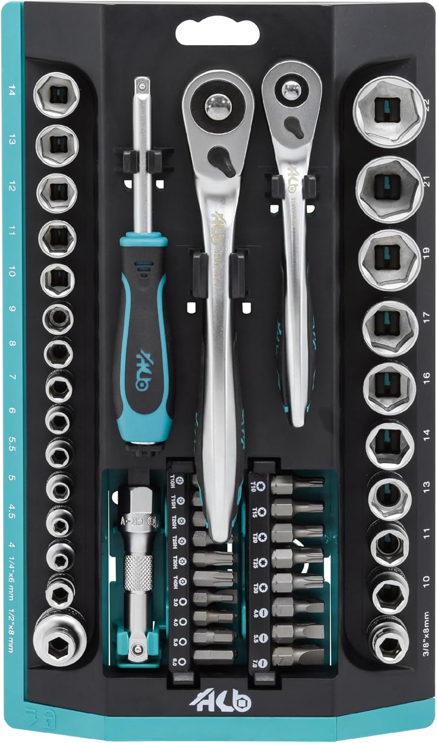 HB 13-Piece 3/8" Drive Socket Set AKM021-U | 120-Tooth Ratchet Handle 3° Arc Swing Offset Quick Release Disc Function | Chrome Vanadium Steel Micro-Chrome Finish | Portable Rack Made in Taiwan