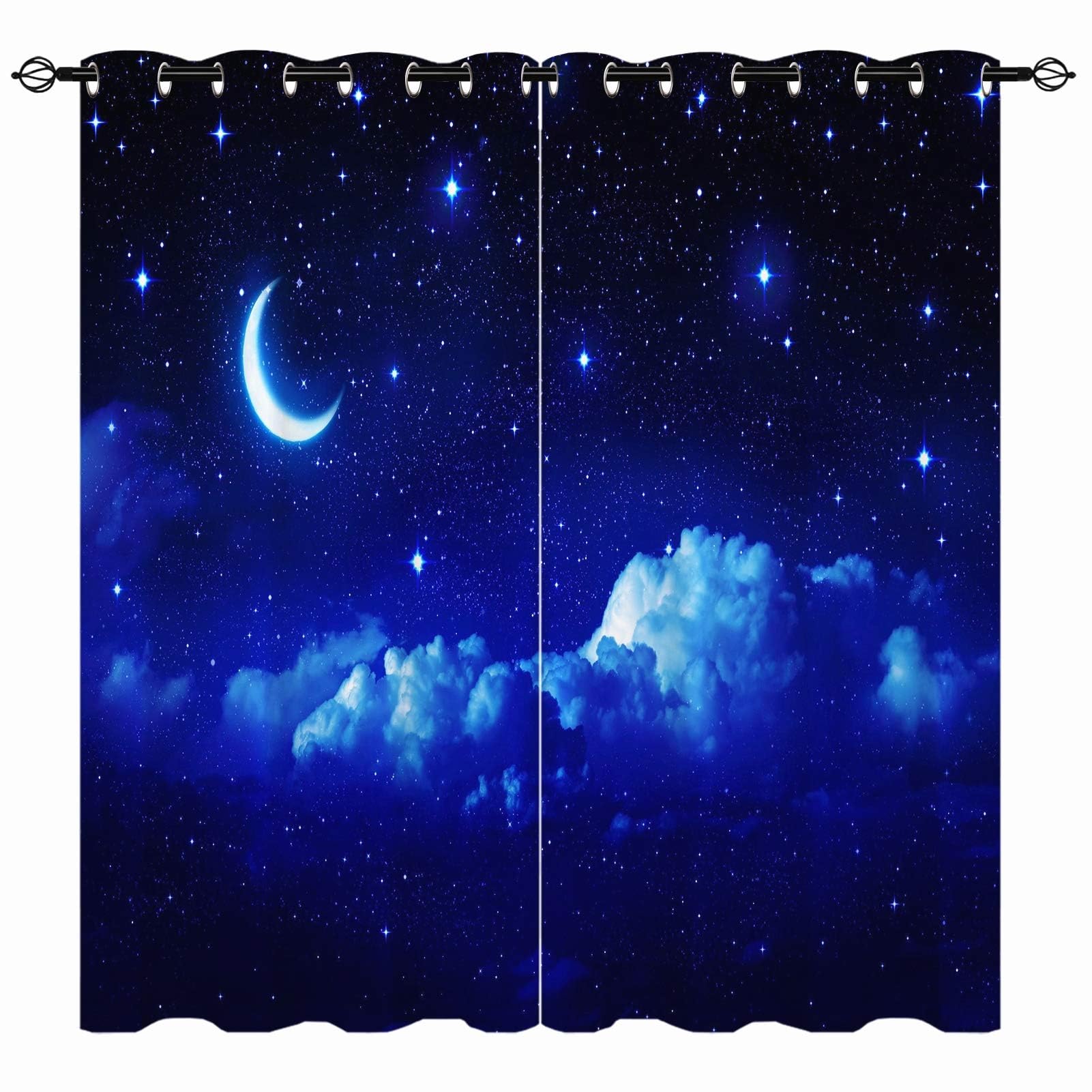 YUANZU Star Moon Curtains - Summer Blue Night Sky Starry Dreamy Cloud Landscape Print Pattern Eyelet Blackout Thermal Room Darkening Window Drapes for Bedroom Living Room 2 Panels W229cm x D183cm — image 1