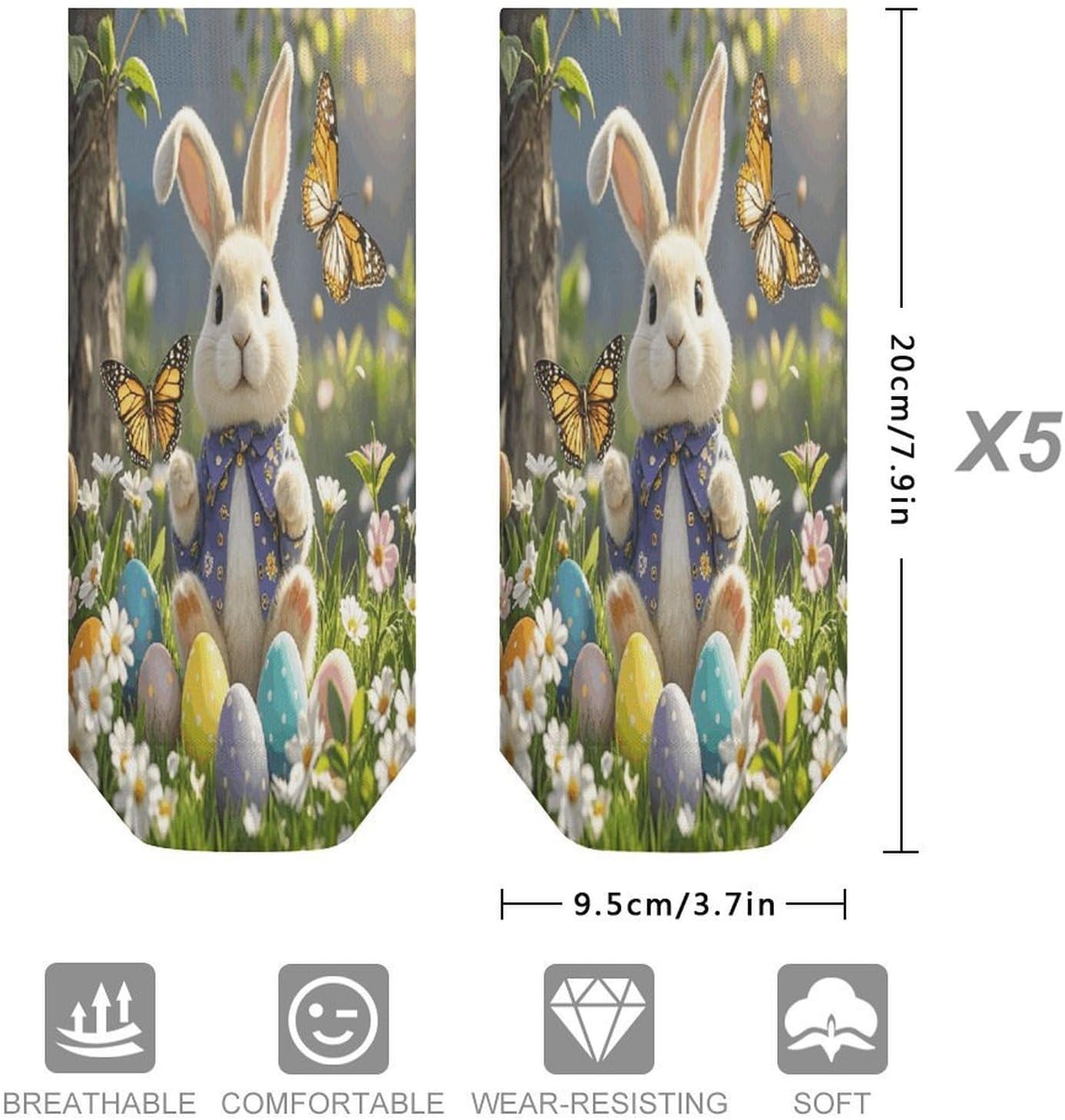 Socks for Men Women 5 Pairs Short Ankle Socks | Easter Bunny Spring Butterfly Low Cut Casual Crew Sock Cute Breathable Athletic Socks Non Slip No Show Sock