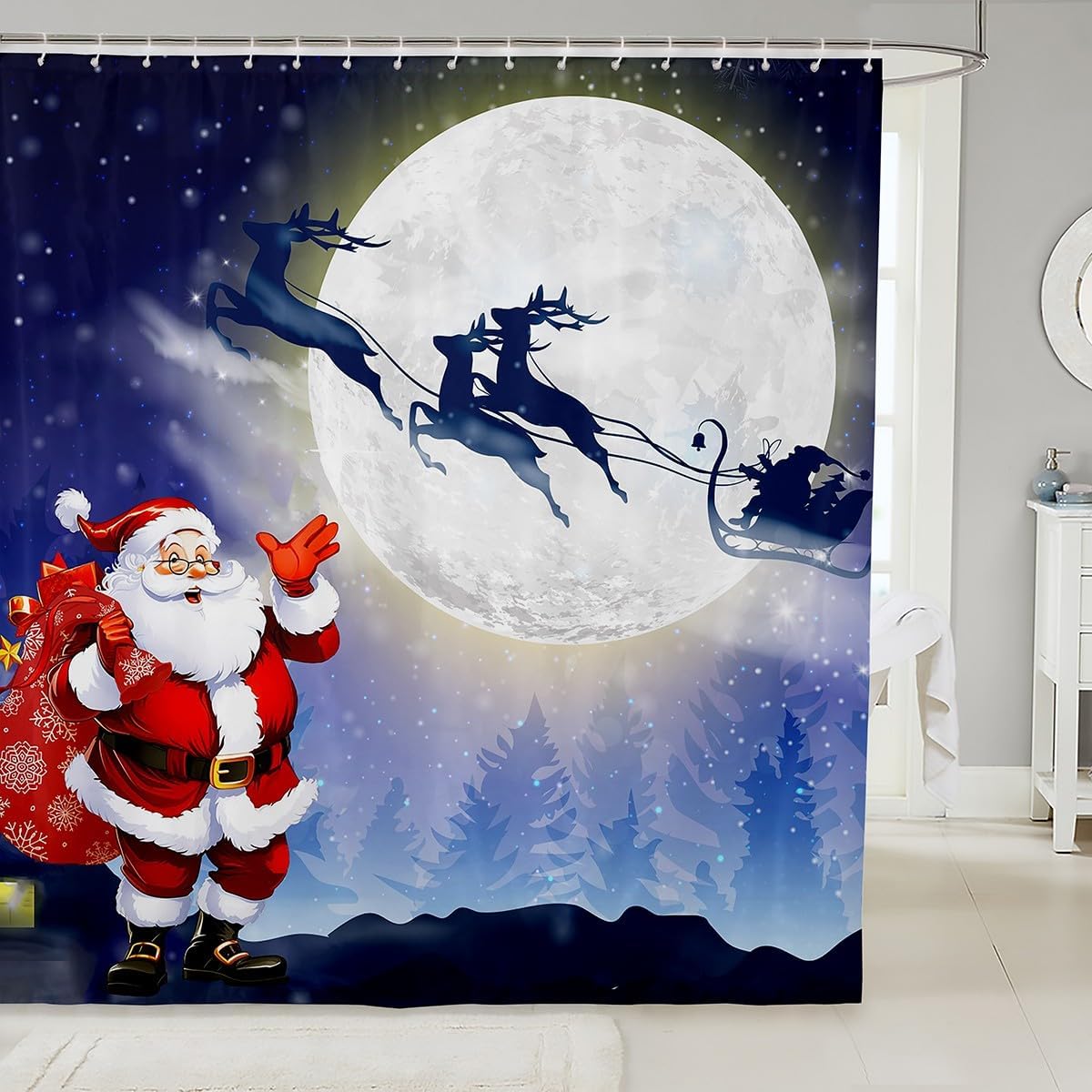 Erosebridal Christmas Shower Curtain Santa Claus with Xmas Tree Shower Curtains Hooks Funny Kids Bathroom Curtain Decor,72" W X 84" L Waterproof Fabric Cloth Fabric Bathroom Decor Set with Hooks