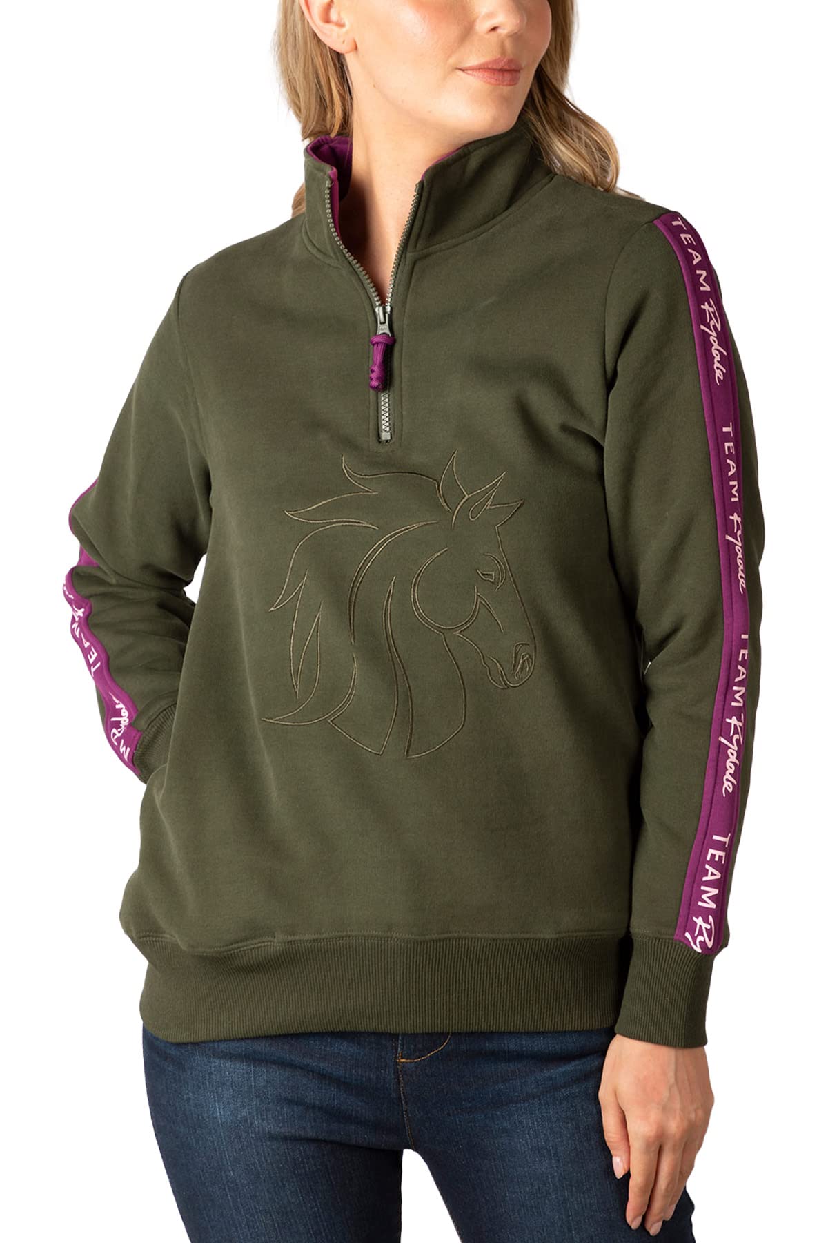 Rydale Ladies Overhead Sweatshirt Women's Sweatshirts Jumper Pull On Sweater Quarter Zip Top (as8, numeric, numeric_16, regular, regular, Horse Head Olive/Berry)