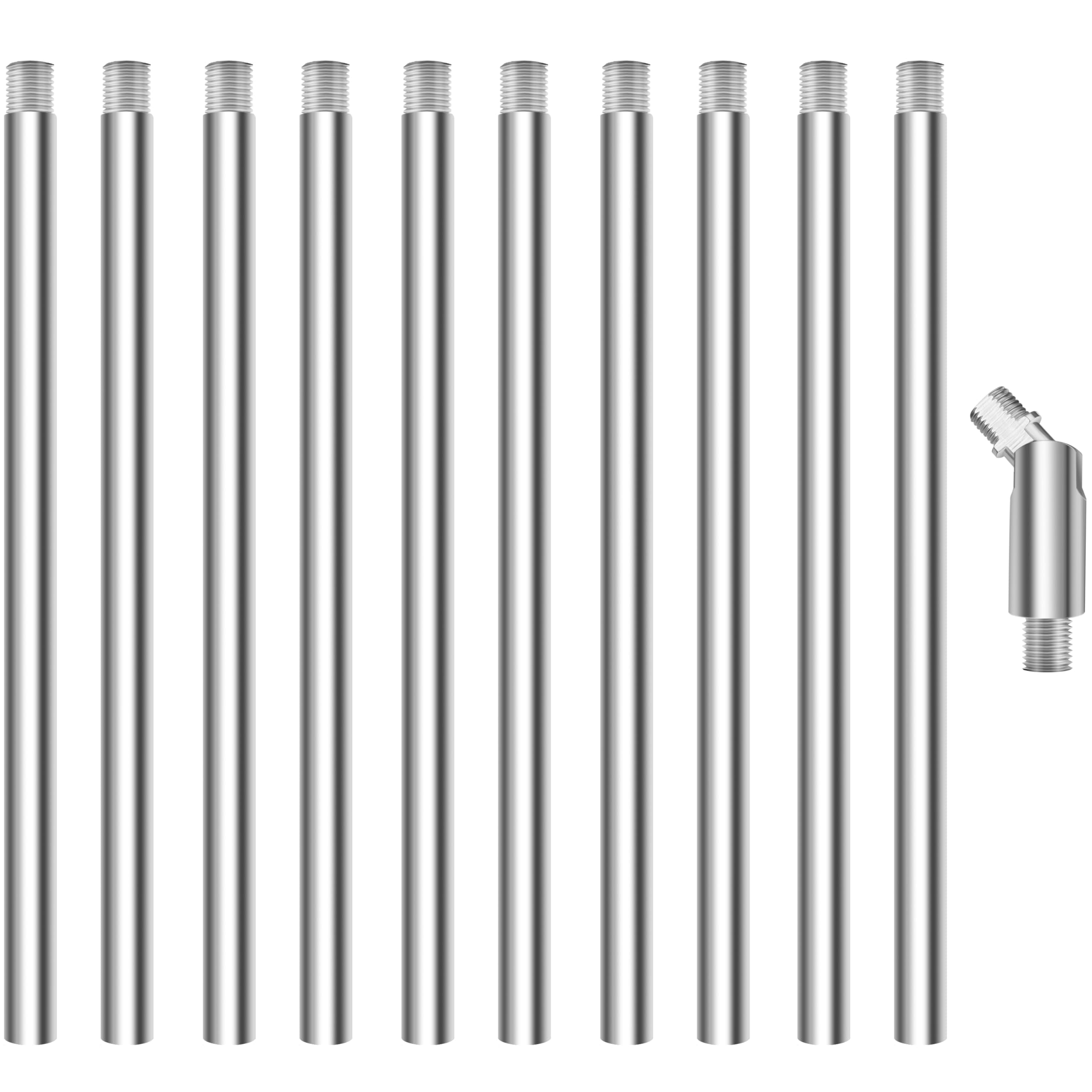 10 postes de extensión roscados M10 de 12 pulgadas, varillas descendentes y adaptadores de techo inclinado de 180 grados para luz colgante, iluminación de isla, candelabros (cromado)