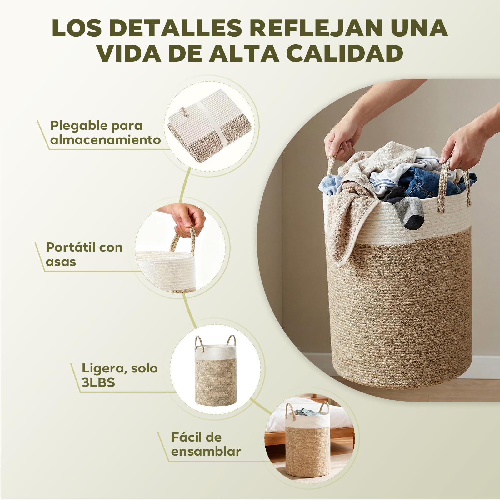 Cesta para Ropa en Cuerda Trenzada, 58L Gran Cesta de Almacenamiento – Dos Tostados Marrón & Blanco, con Asas para Dormitorio, Salón & Cuarto Infantil (38x38x50 cm)