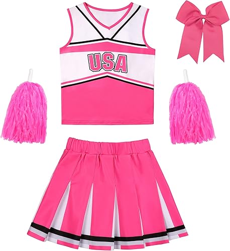 Gigoitly Disfraz de animadora para niñas, traje de animadora rosa con pompones para niñas, regalo de cumpleaños de Halloween