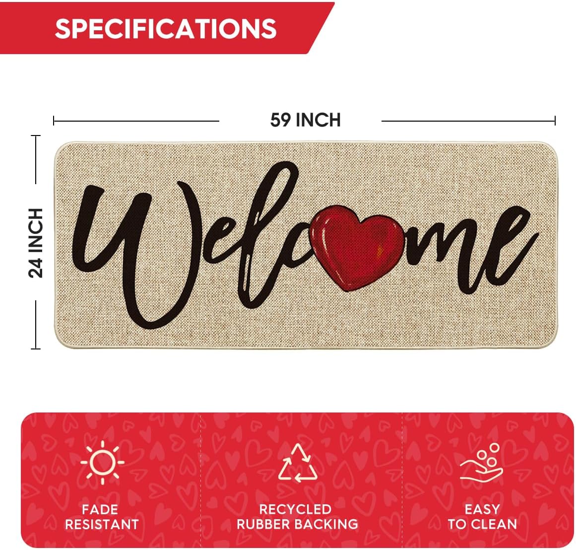 Artoid Mode Welcome Love Heart Valentine's Day Doormat, Home Decor Low-Profile Runner Rug Door Mat for Indoor Outdoor 24x59 Inch