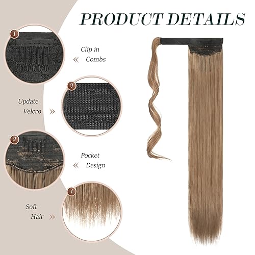Miniatura 3 de Extensión de cabello Feshfen, cola de caballo, rectas, 28 pulgadas de largo, envuelve alrededor del sujetador de la peluca sintética en la cola de