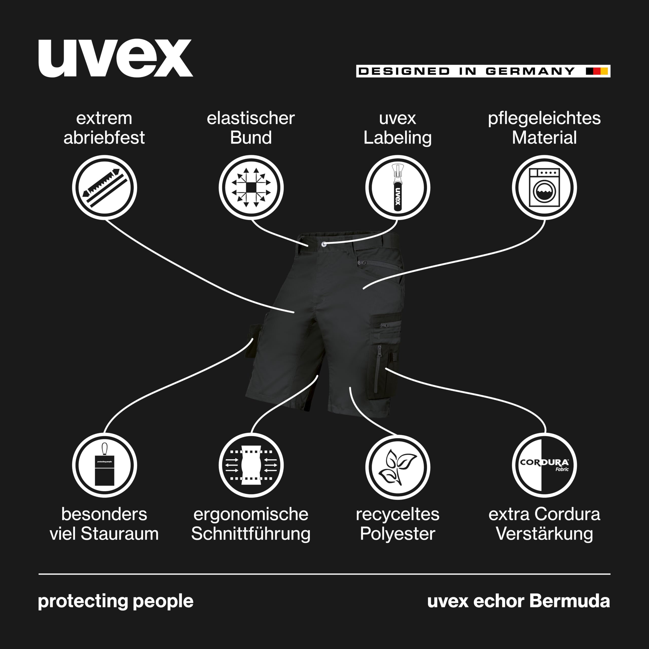 Uvex echor Arbeitsshorts - Kurze Premium Arbeitshose - Herren-Cargohose - Stretch-Bund, leicht, elastisch & viel Stauraum