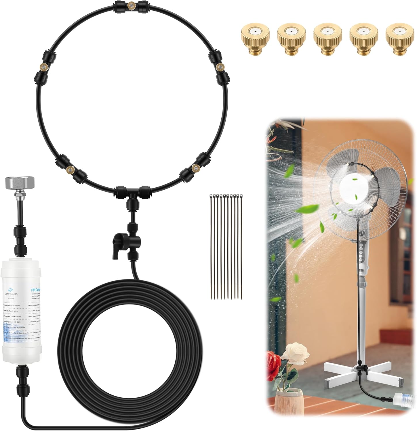 Enhon Outdoor Misting Fan Kit with Filters, 32.8 ft Misting Line, 5 Brass Nozzles, Fan Cooling Mister with Switch Valve for Patio Breeze Garden Greenhouse Backyard Yard BBQ Accessories, Party Supplies