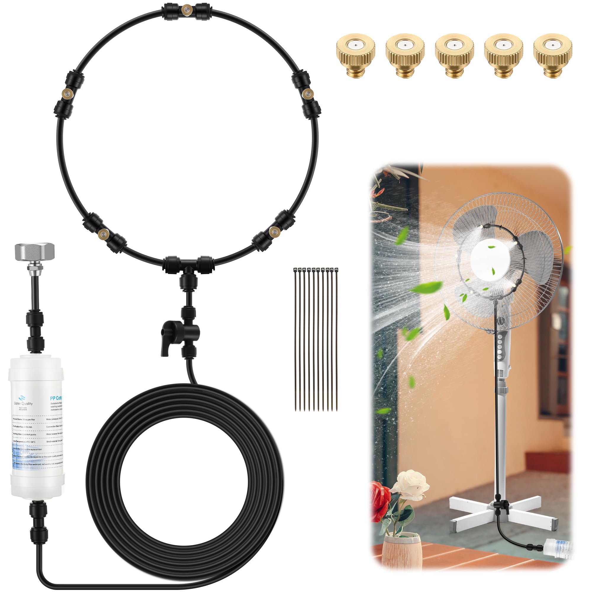 Kit di ventilatore da esterno con nebulizzazione Enhon con filtri, linea di nebulizzazione da 10 m, 5 ugelli in ottone, ventilatore refrigerante con valvola di intercettazione per brezza da patio