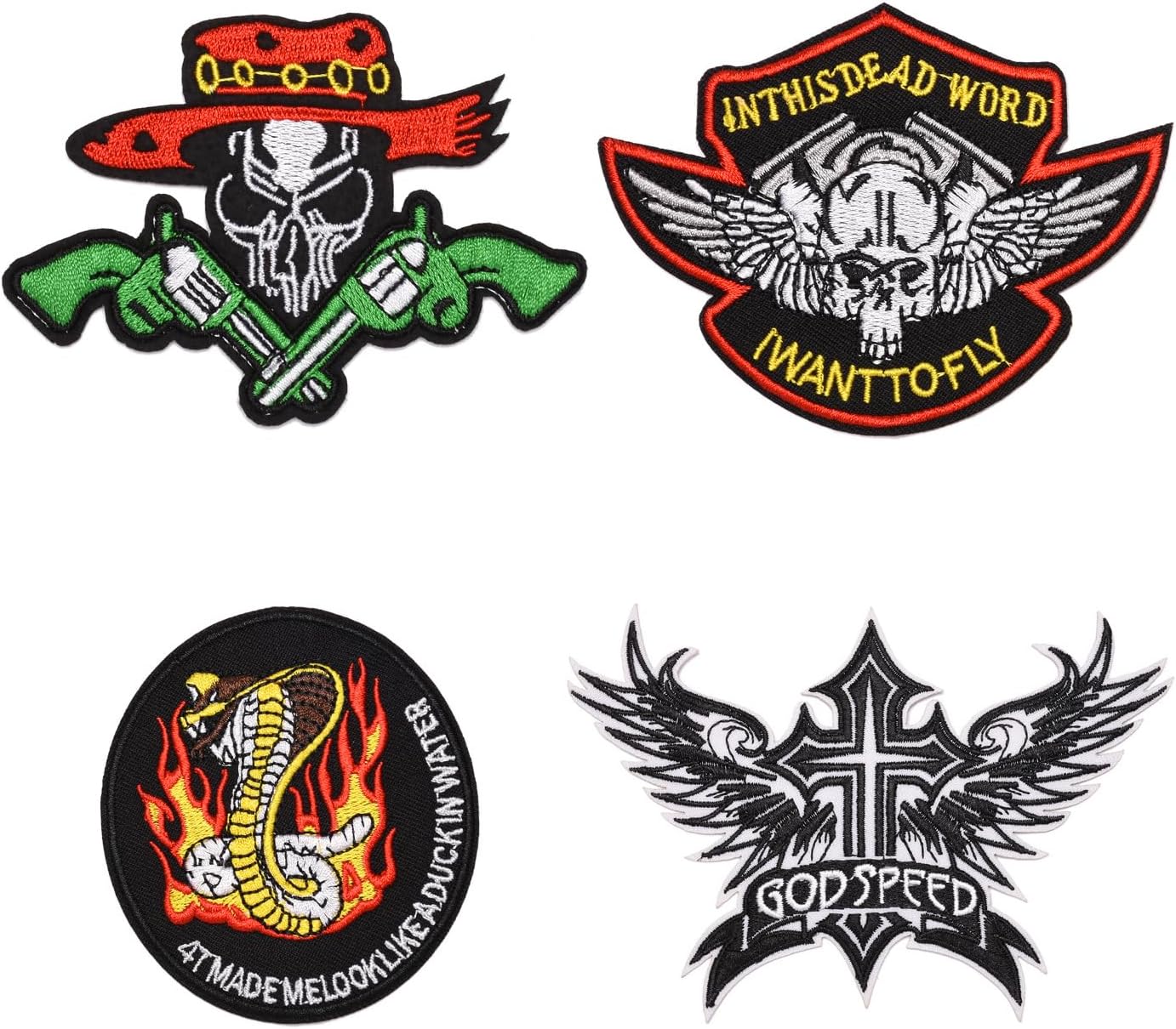 Tornado-Storm 4 Pcs Burning Cobra Belief It Made Me Look Like A Duck in Water Godspeed Cross Angel Wings Faith Fly Skeleton Cowboy Revolver Embroidered Patches Sew on Iron on Patch DIY Appliques Badge