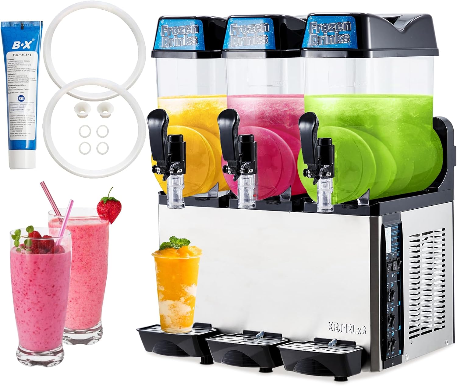Commercial Slushy Machine 12L X 3, 9.6 Gal Margarita Machine, 660W Frozen Drink Machine, Food-Grade PC Tanks & Stainless Steel, Ideal for Restaurants Bars Pool Parties