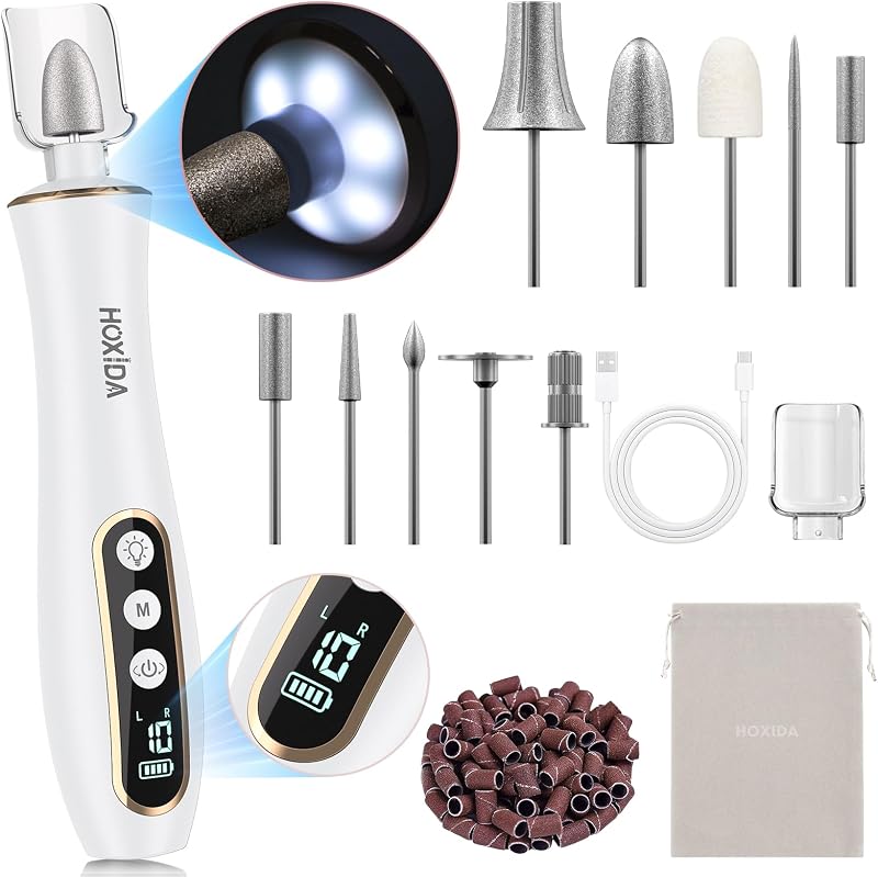 Taladro de uñas inalámbrico 2000RPM, lima de uñas eléctrica con luz LED de 360° | 10 velocidades, eliminación de gel 30S, pantalla LCD, bajo nivel de ruido y baja vibración, tiempo de ejecución 6H, 9 bits, 100 bandas para principiantes Salón de belleza en casa amigable blanco