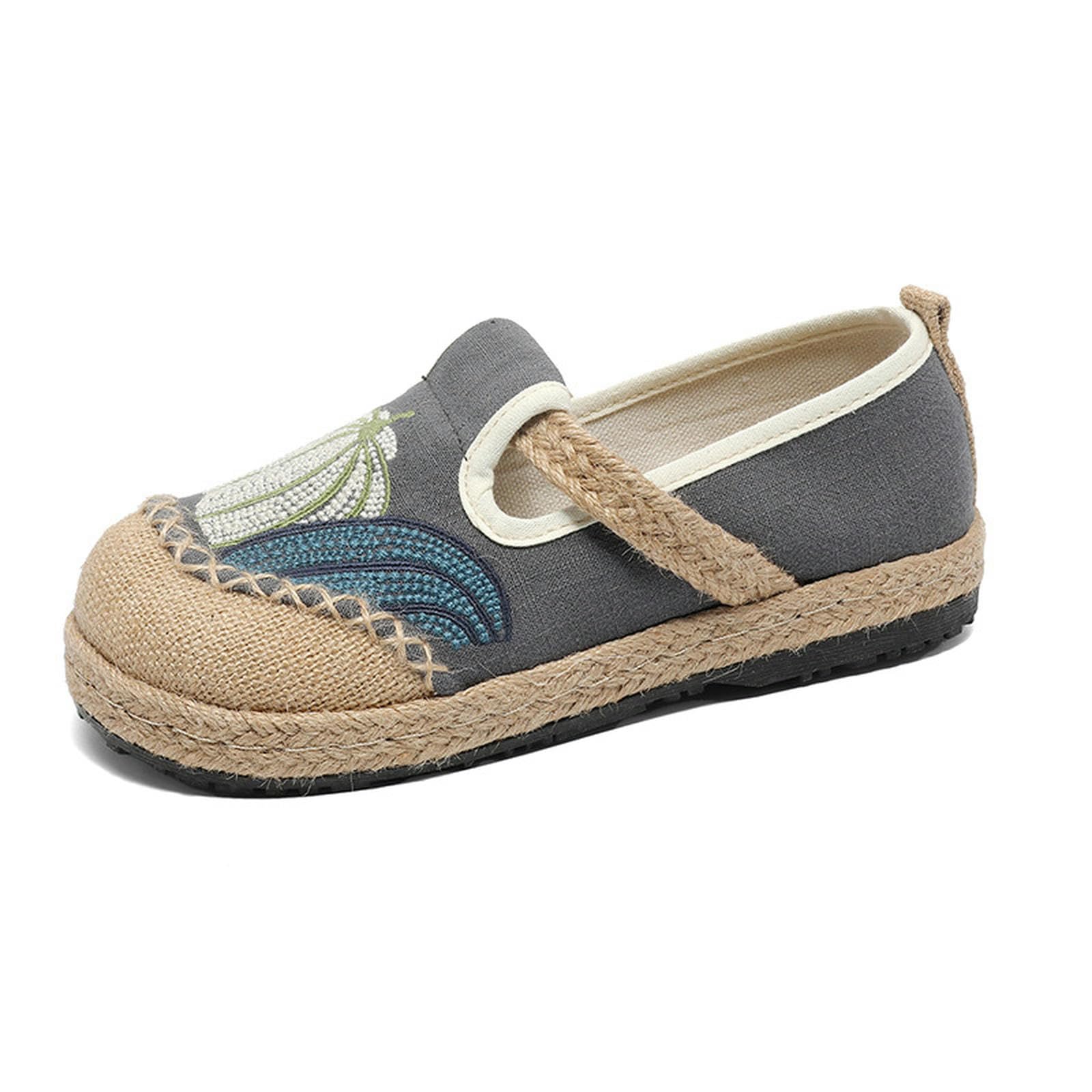 Zoccoli Sanitari Donna Donne Ricamato Fiore Piatto Scarpe da Sposa Casual Driving Walking Loafers Scarpe Traspiranti di Tela di Lino-Grigio-Trentasette