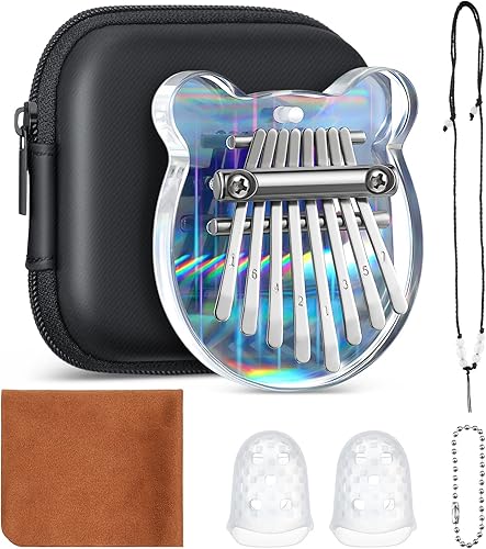 Juego de 7 piezas de piano Kalimba de 8 teclas incluye mini piano de pulgar con cadena de cordón protector de dedos y paño de limpieza para niños y