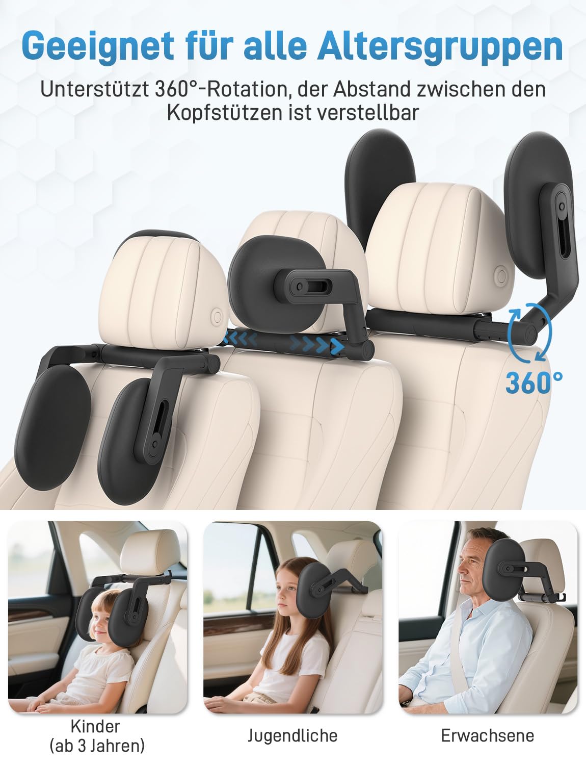 Oasser Auto Kopfstütze für Lange Fahrten, 360 Grad Rotation Kopfstützen verhindert Kopf gegen Scheibe für Kinder und Erwachsene, Höhenverstellbar 140-190cm Autositz Kissen