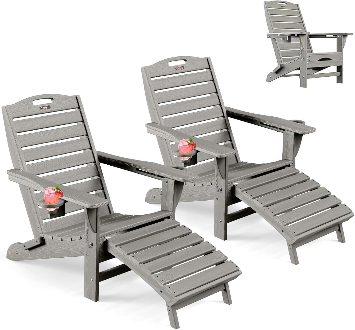 Ciokea Folding Adirondack Chair Set of 2 with Retractable Ottoman, Outdoor Fire Pit Chair with Pull Out Foot Rest Weather Resistant Lawn Patio Chair with 2 Cup Holder (Gray)