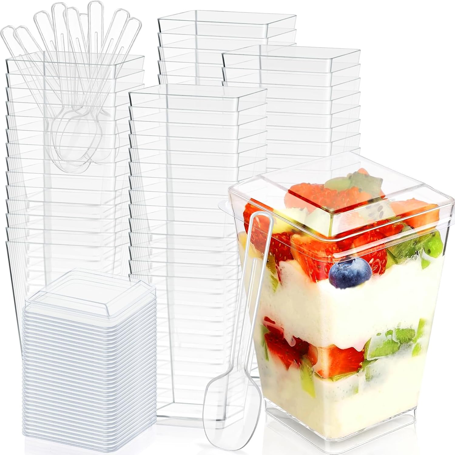 100 Pack 5oz Plastic Dessert Cups with Lids and Spoons