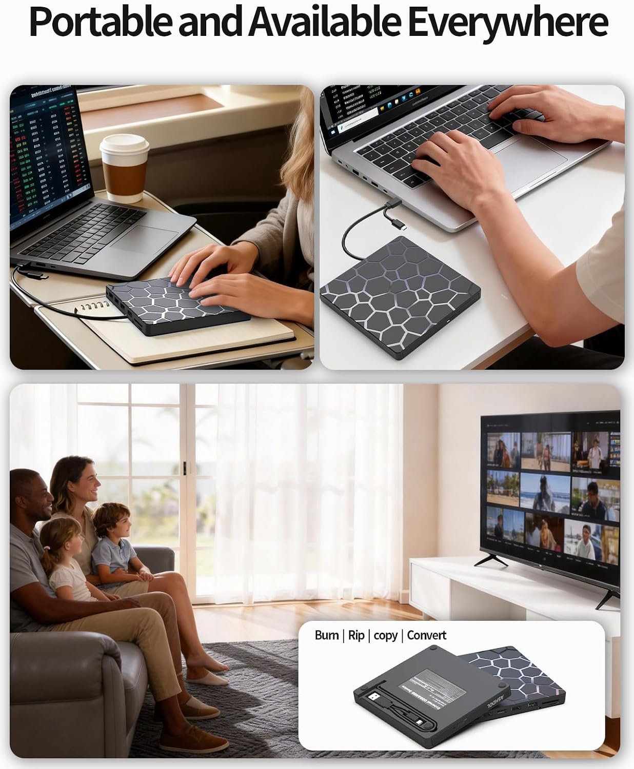 External CD DVD Drive,8 in 1 USB 3.0 and Type-C Disc Reader Writer Burner Player,Slim and Portable CD DVD +/-RW Optical Drive for PC Laptop Desktop MacBook Mac Windows Linux OS Apple