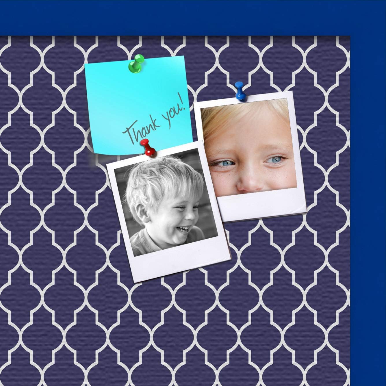 ArtToFrames 20x16 Custom Cork Bulletin Board. This Quatrefoil Navy Pin Board Has a Fabric Style Canvas Finish, Framed in Blue Stain on Beech (PinPix-285-20x16_0066-81792-YBLU)