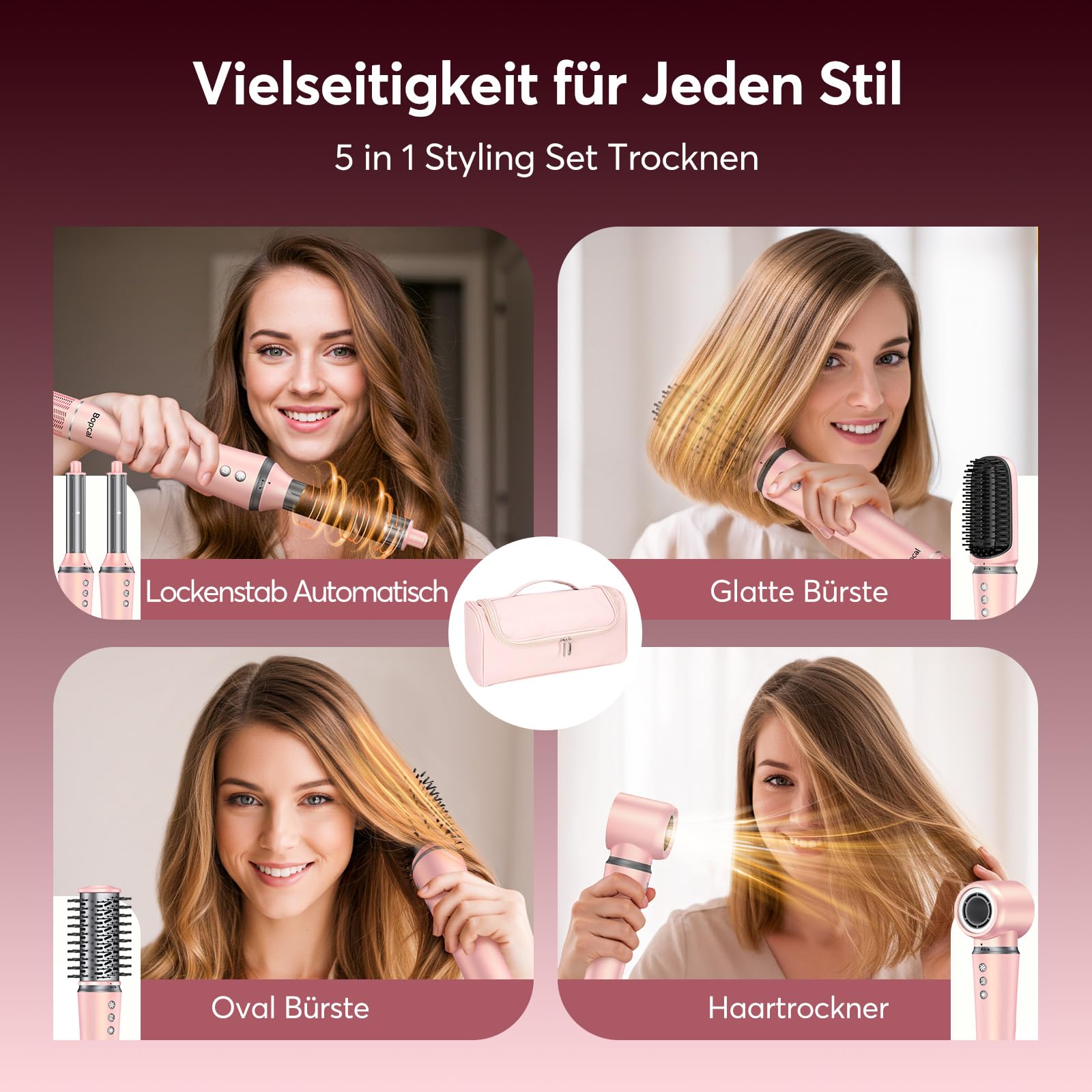 5 in 1 Airstyler,160000 U/Min High-Speed Ionen Föhn, Multifunktionaler Hairstyler, Keine Hitzeschäden Lockenstab Automatisch, Rundbürstenföhn Warmluftbürste,Zum Glätten,Trocknen,Locken,mit Reisetasche