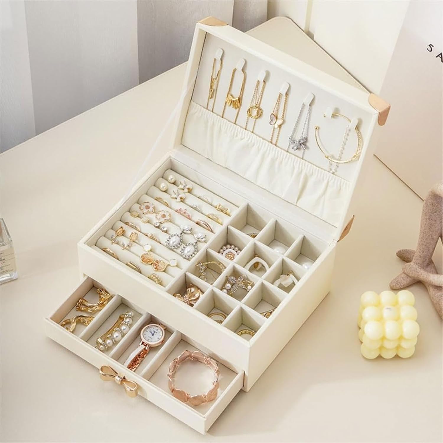 1-Pcs Jewelry Box Pu Leather Multi-Layer Drawer-Style Flip-Top Home Desktop Jewelry Box Simple and Light Luxury Storage Travel Box image 5