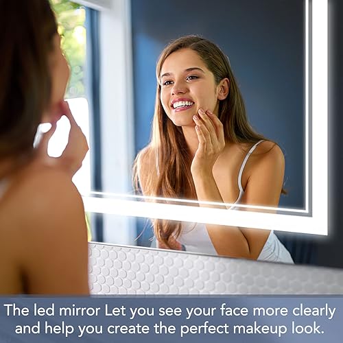 Miniatura 7 de MAYEERTY Espejo LED para baño de 40 x 32 pulgadas espejo de tocador ajustable en la pared 3 colores antiempañamiento luces regulables memoria de