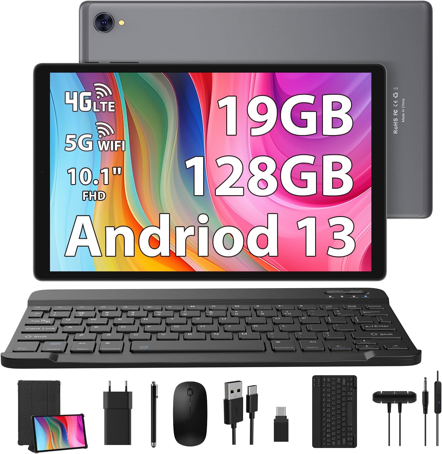 Android 13 Tablette Tactile 10 Pouces, 12Go RAM, 128Go ROM(TF 1TB), Tablette PC Octa Core
