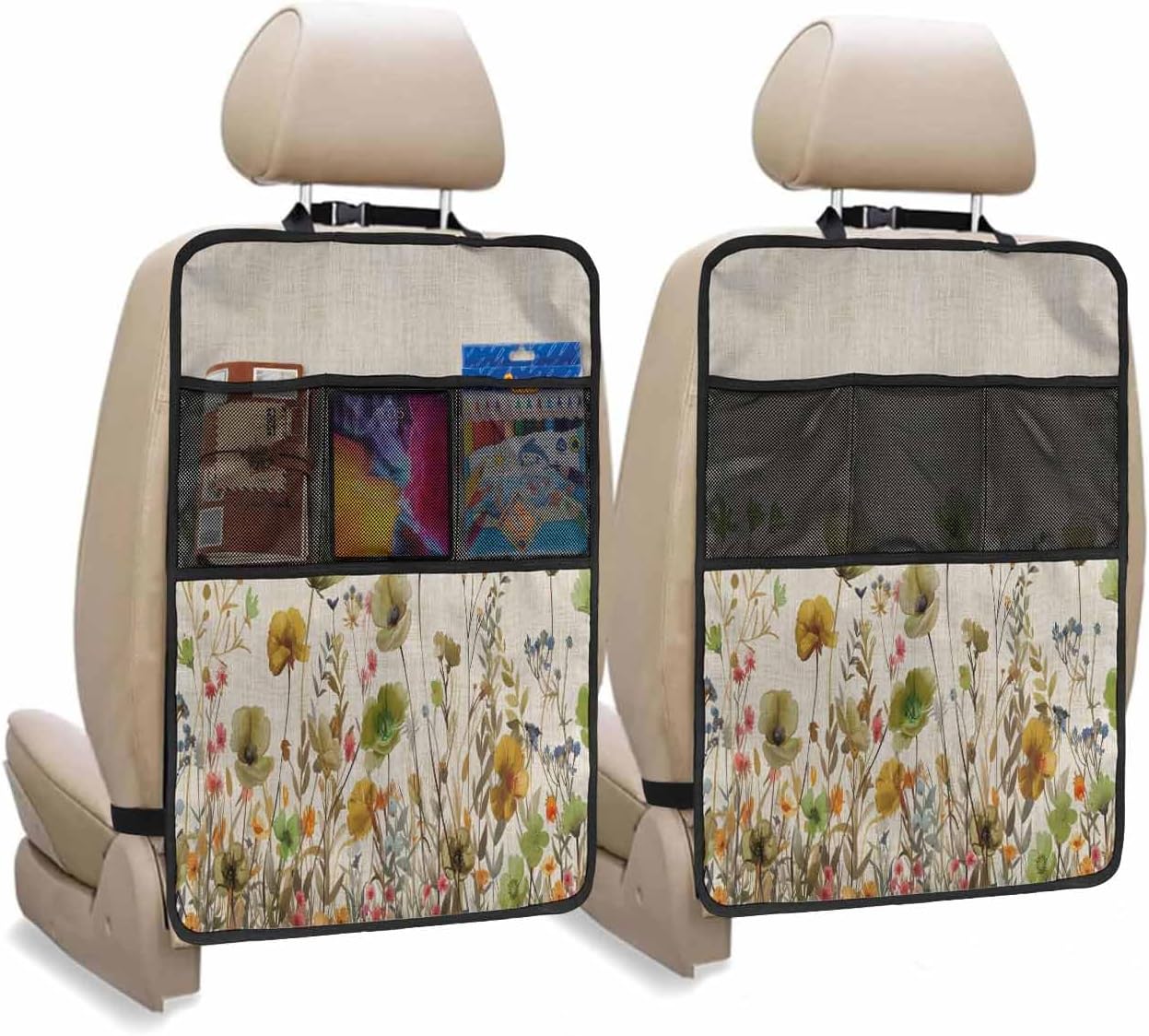 Car Seat Protector, 2 Pack Kick Mats with Organizer - 3 Pocket Storage, Green Flowers Plants Watercolor Floral Retro Linen Back Seat Cover for Kids Universal Fit Automotive Interior Protectors