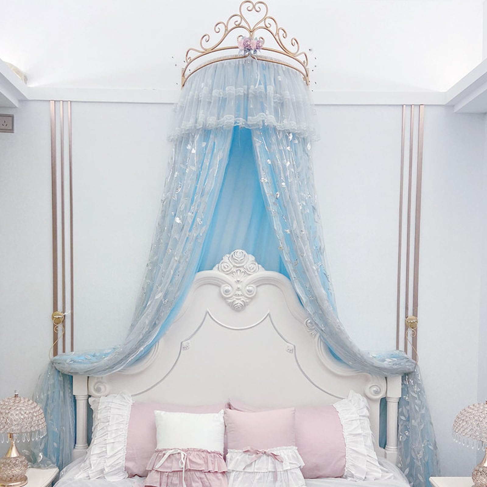 SDCGB Princess Bed Canopy for Girls & Adults, Royal Luxurious Cozy Bed Curtain with Crown, Double Layer Decorative Drapery, Blue
