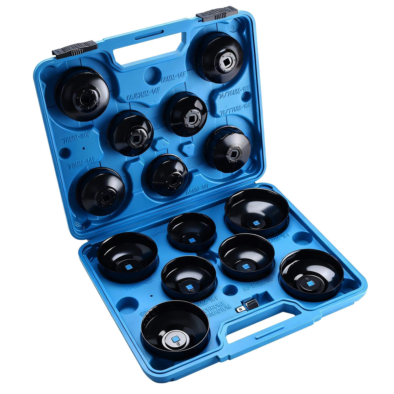 BOOMSTART Lot de 15 clés universelles pour filtre à huile - 14 capuchons de filtre à huile (65-100 mm) en tôle d'acier + adaptateurs 3/8" et 1/2" - Clé de filtre à huile pour tous les filtres courants