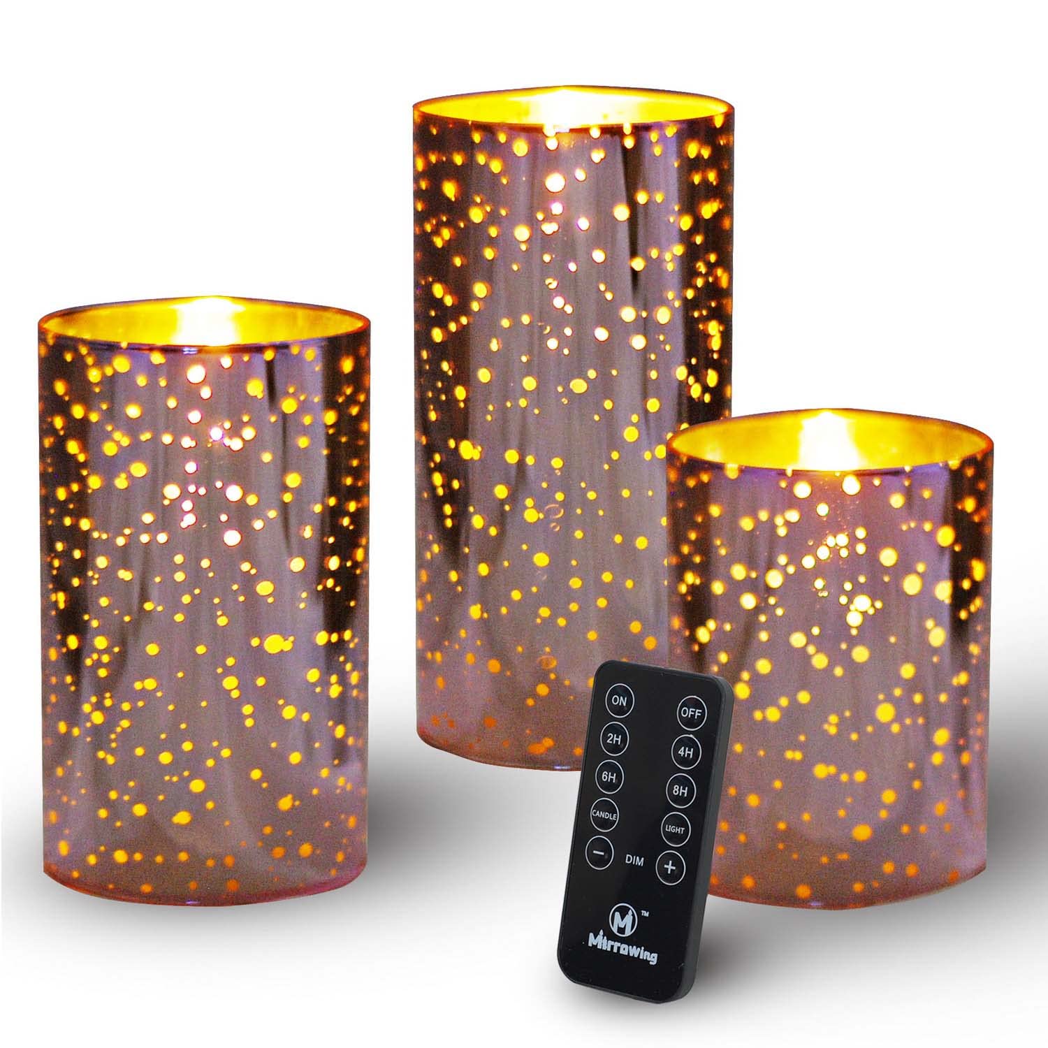 M Mirrowing LED Flameless Candles Battery Operated with Remote and Timer,Realistic Flickering Flameless Candles,Mercury Glass Led Pillar Candles, Set of 3 (D 3"?ùH 4" 5" 6") Pink