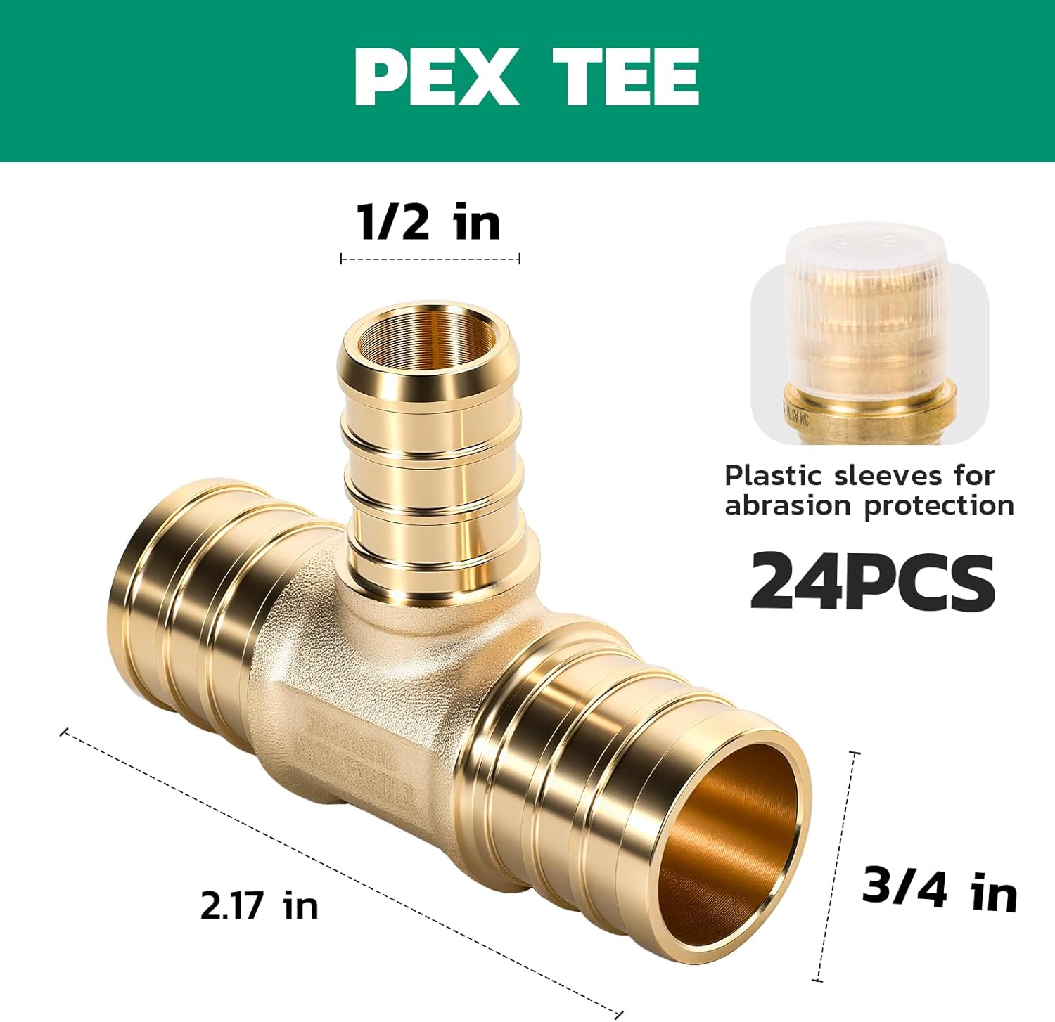 OURU PEX Fittings 3/4" x 3/4" x 1/2", 24PCS Reducing Tee Lead-Free Brass Connectors for PEX B Pipe, NSF UPC Certified, ASTM F1807, Compatible with Crimp/Clamp Rings (Hot/Cold Water, Hydronic Heating)