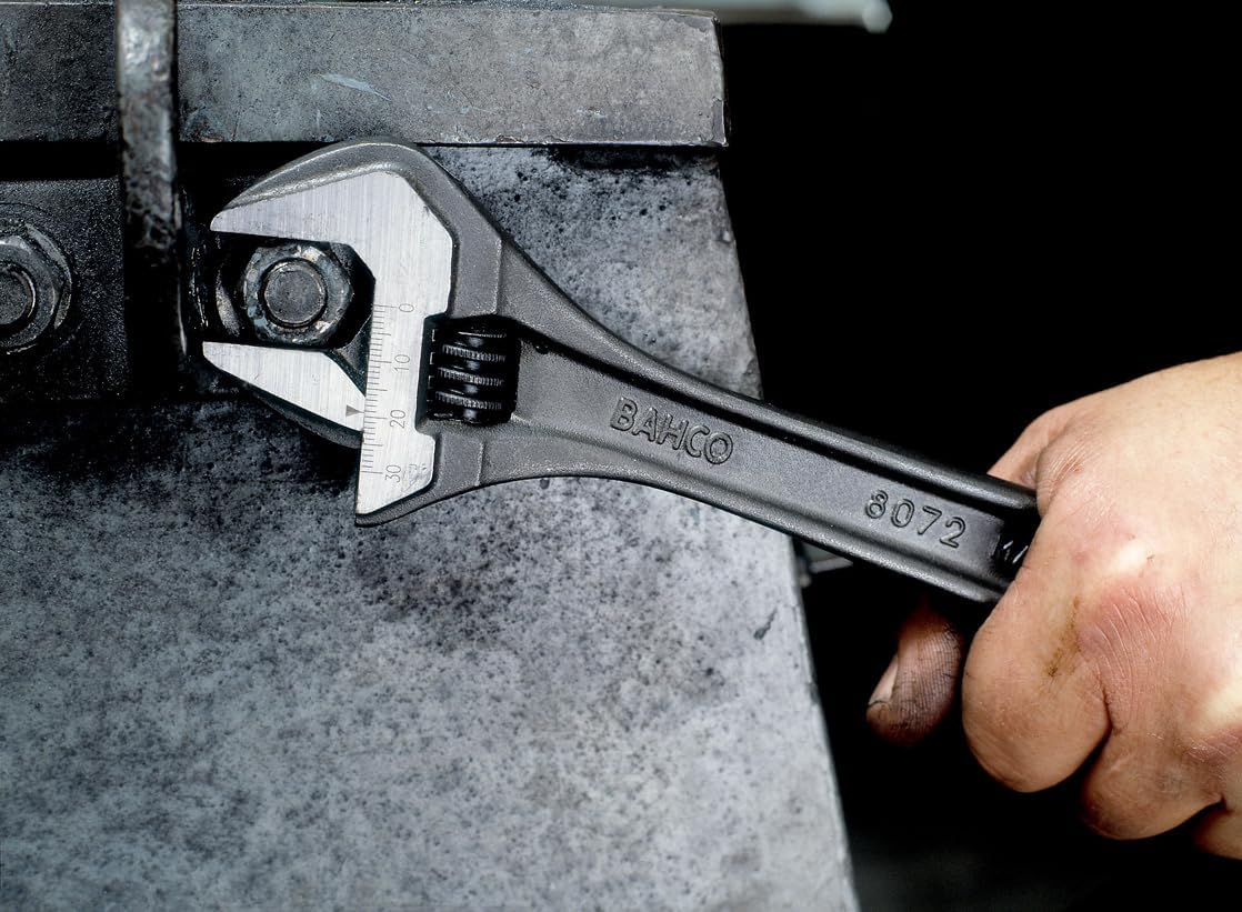 Bahco 4" SAE Adjustable Industrial Black Finish Wrench, Slim Tapered Jaws for Accessibility and Strength, Measurement Scale, and Precision Hardened, Anti-Corrosion Treated