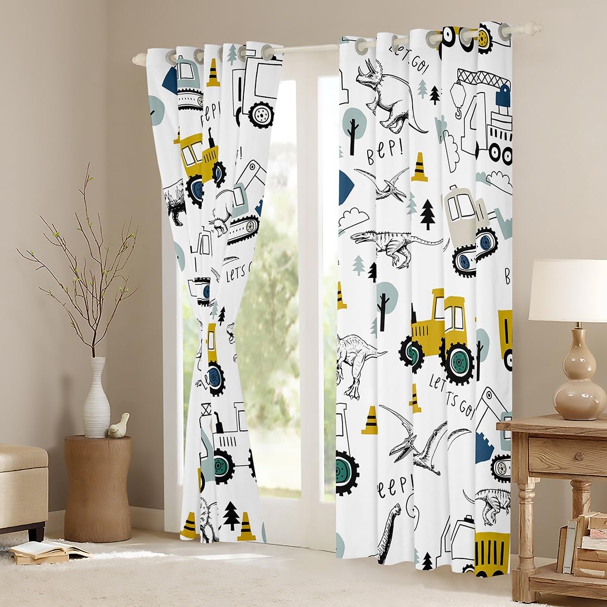 Loussiesd Construction Curtains Kids Cartoon Car Excavator Tractor Toddler Curtains Equipment Trucks Dinosaur Darkening Drapes Construction Vehicles White Yellow Window Treatments W46*L72 - Image 3