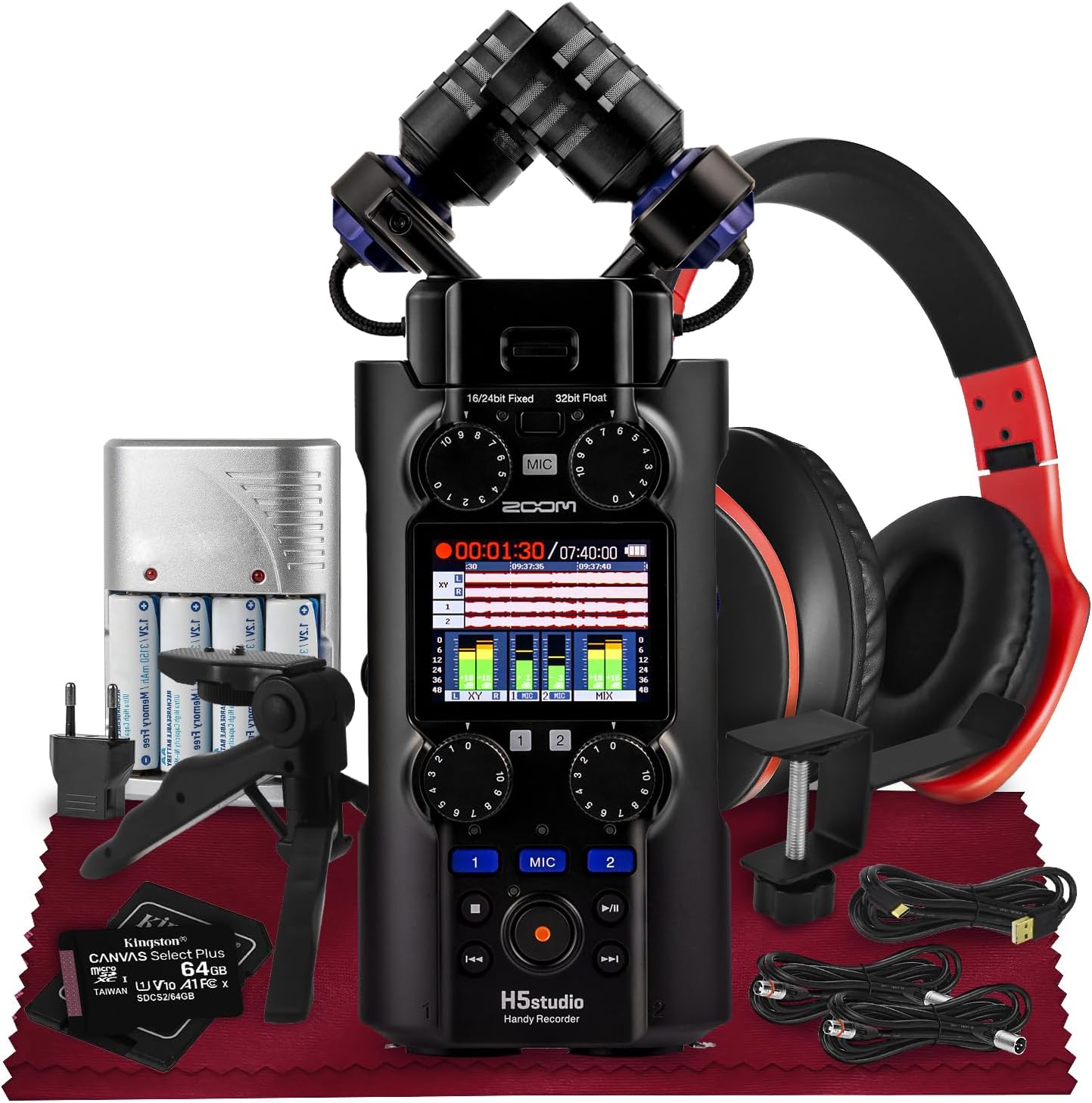 Zoom H5Studio Handy Recorder, 32-Bit Float, Large XY Mics 19.4mm, 6-Track Recording, Gain Knobs, F-Series Preamps w/Tripod, Headphone, XLR Cable, Rechargeable Battery & More for Filmmakers Musicians