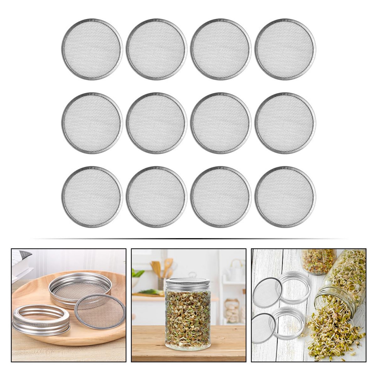 SHINEOFI Tapas de Malla de Acero Inoxidable 304 para Frascos de Germinación de Boca Ancha, Kit de 6 Unidades Anillo de Sellado 70 Mm, Filtro Ventilado para Cultivo de Brotes en Cocina