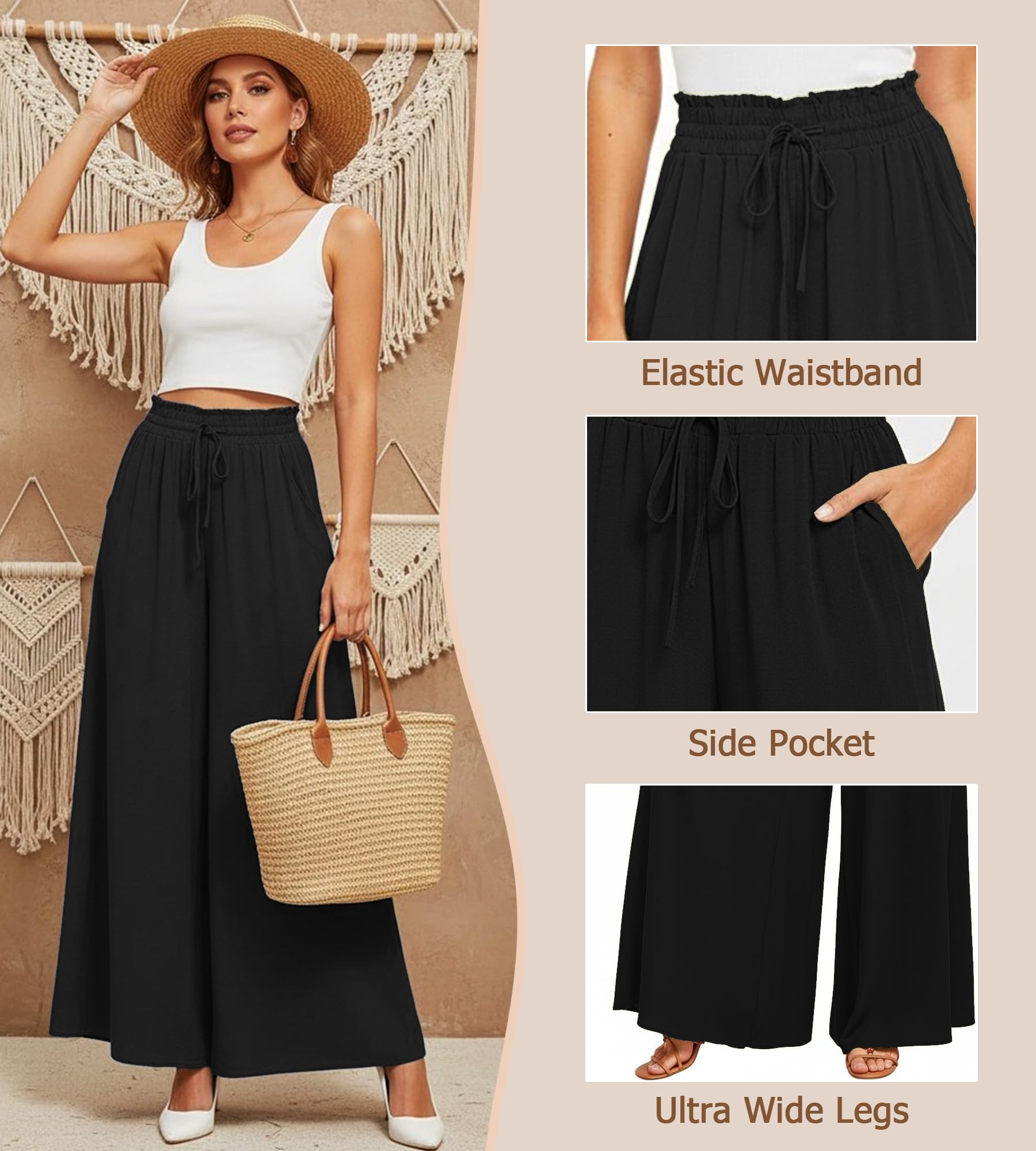 Pantalones Mujer Verano Cintura Alta Pantalones Ancho Casuales Cómodos Pantalón Fluido Ligero Playa Pantalones Palazzo Elegante con Bolsillos