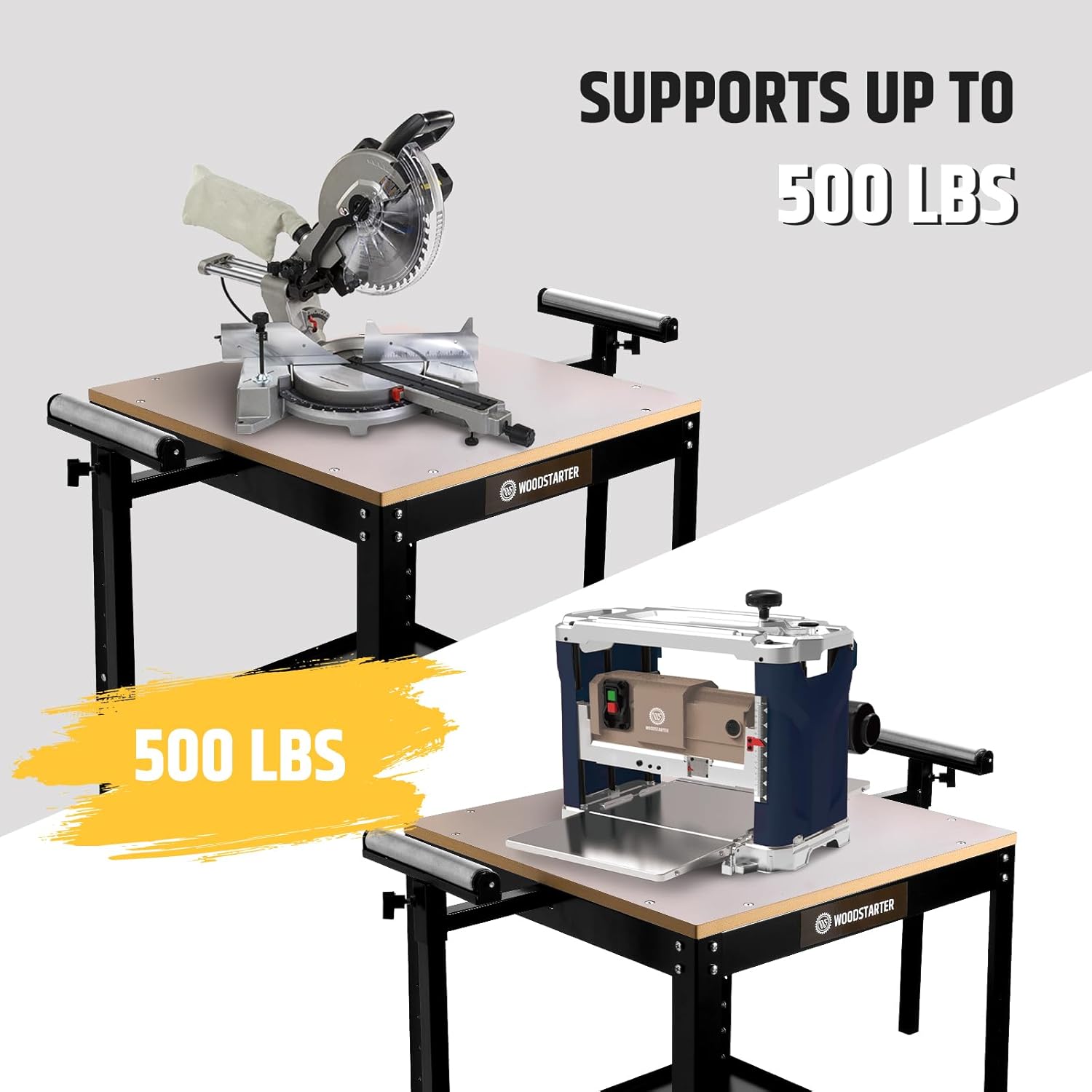 Planer Stand with Integrated Mobile Base and Storage Shelf, 58”×21”×38”, 500 lbs Load Capacity, 6 - Level Height Adjustment