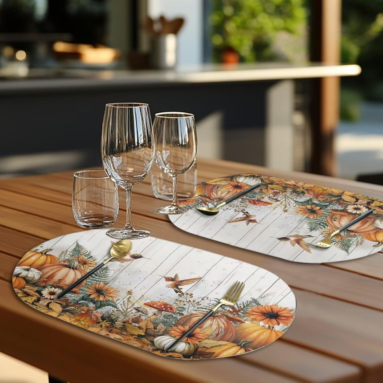 Wooden Hummingbird Sunflower Wipeable Oval Placemats Washable Heat Resistant Table Mats Set of 4 Waterproof Oil-Proof Dining Table Place Mats for Holiday Family Gathering