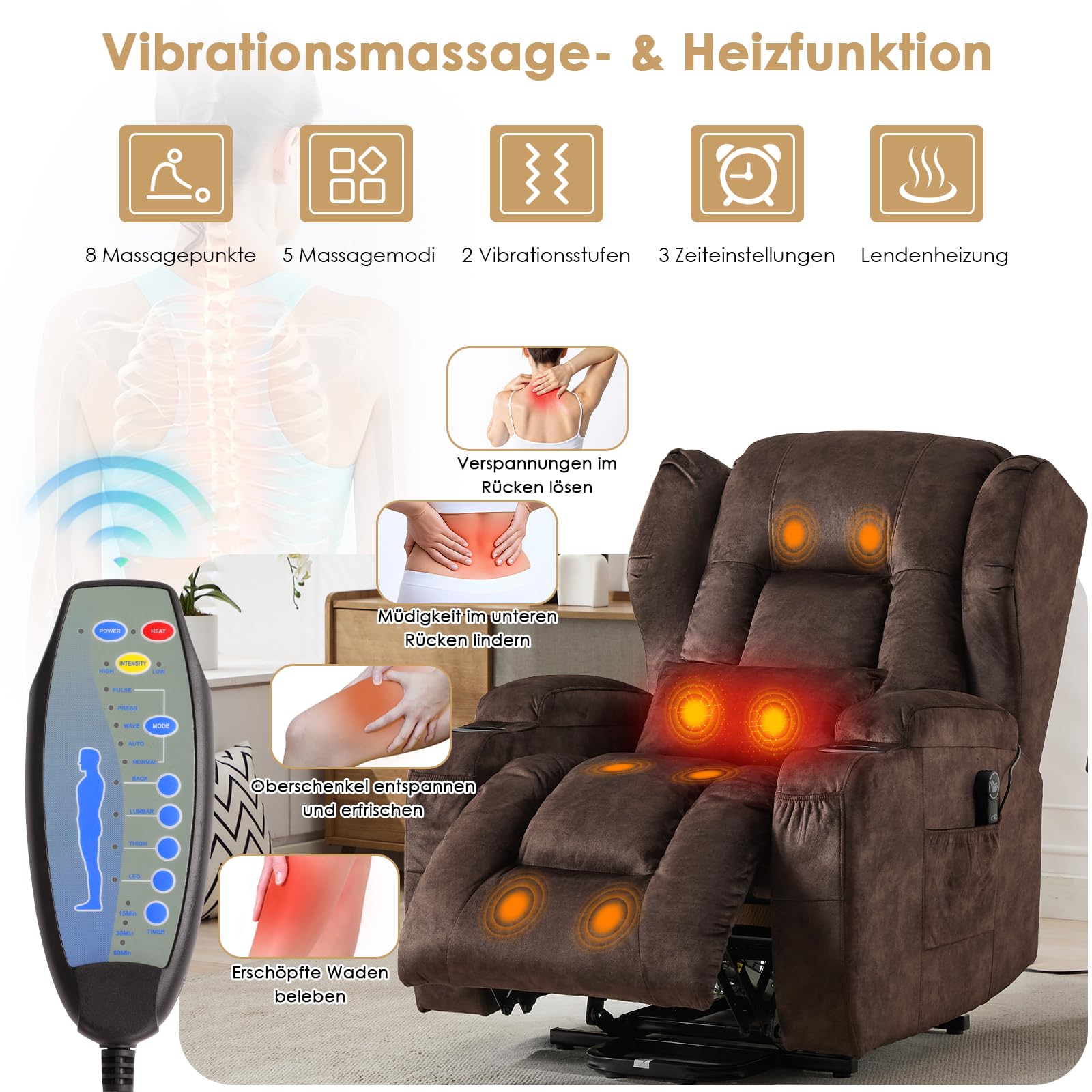 SAMERY Fernsehsessel mit Aufstehhilfe, Relaxsessel mit Liegefunktion, Fernsehsessel Elektrisch Verstellbar TV-Sessel mit Massage Heizung, USB-A, USB-C, Getränkehalter (Kastanienbraun, 1 Sessel)