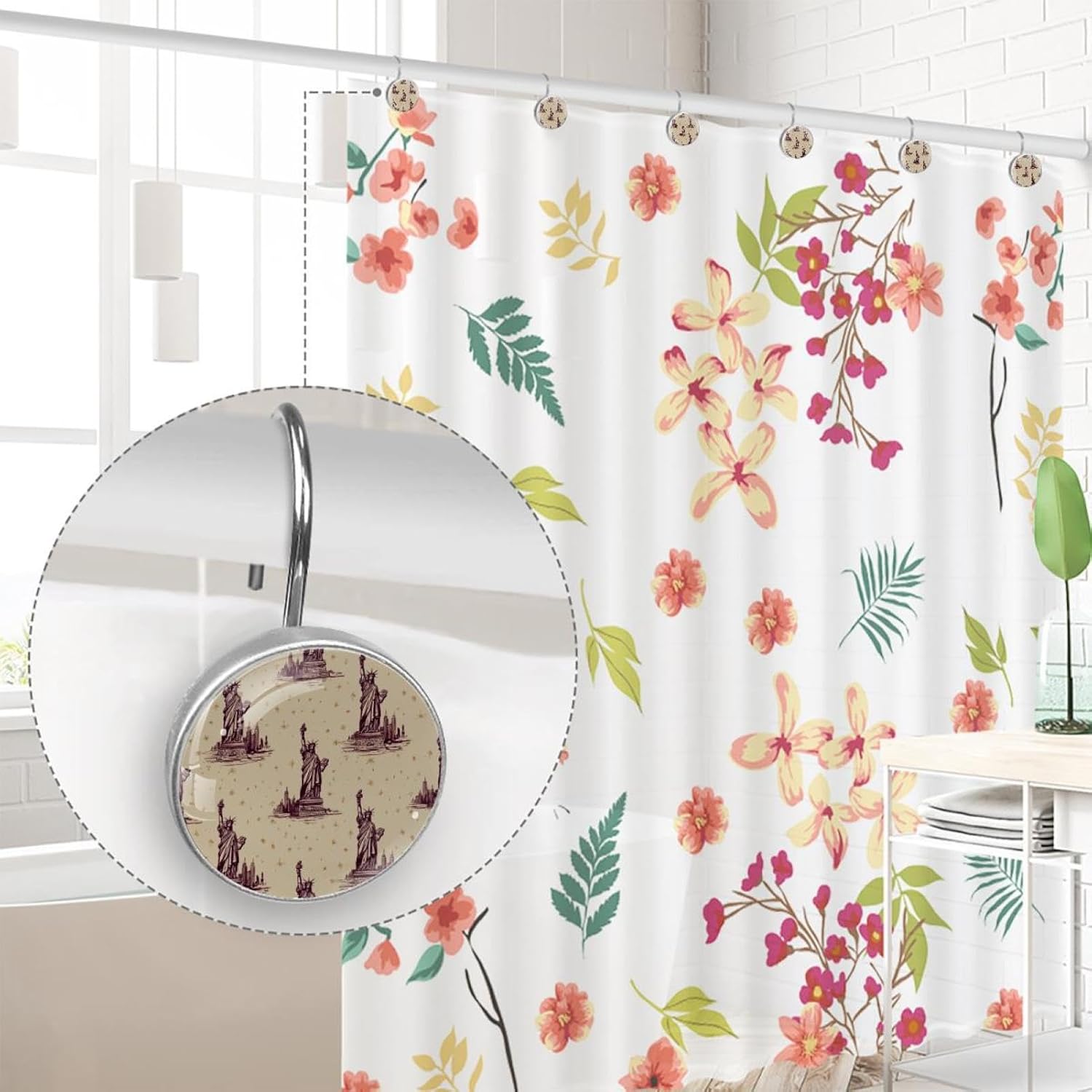 Vintage Statue of Liberty Pattern (3) Round Crystal Glass Decorative Shower Curtain Hooks with 3D Pattern Visual, Rust Proof Shower Curtain Rings-12 Pack