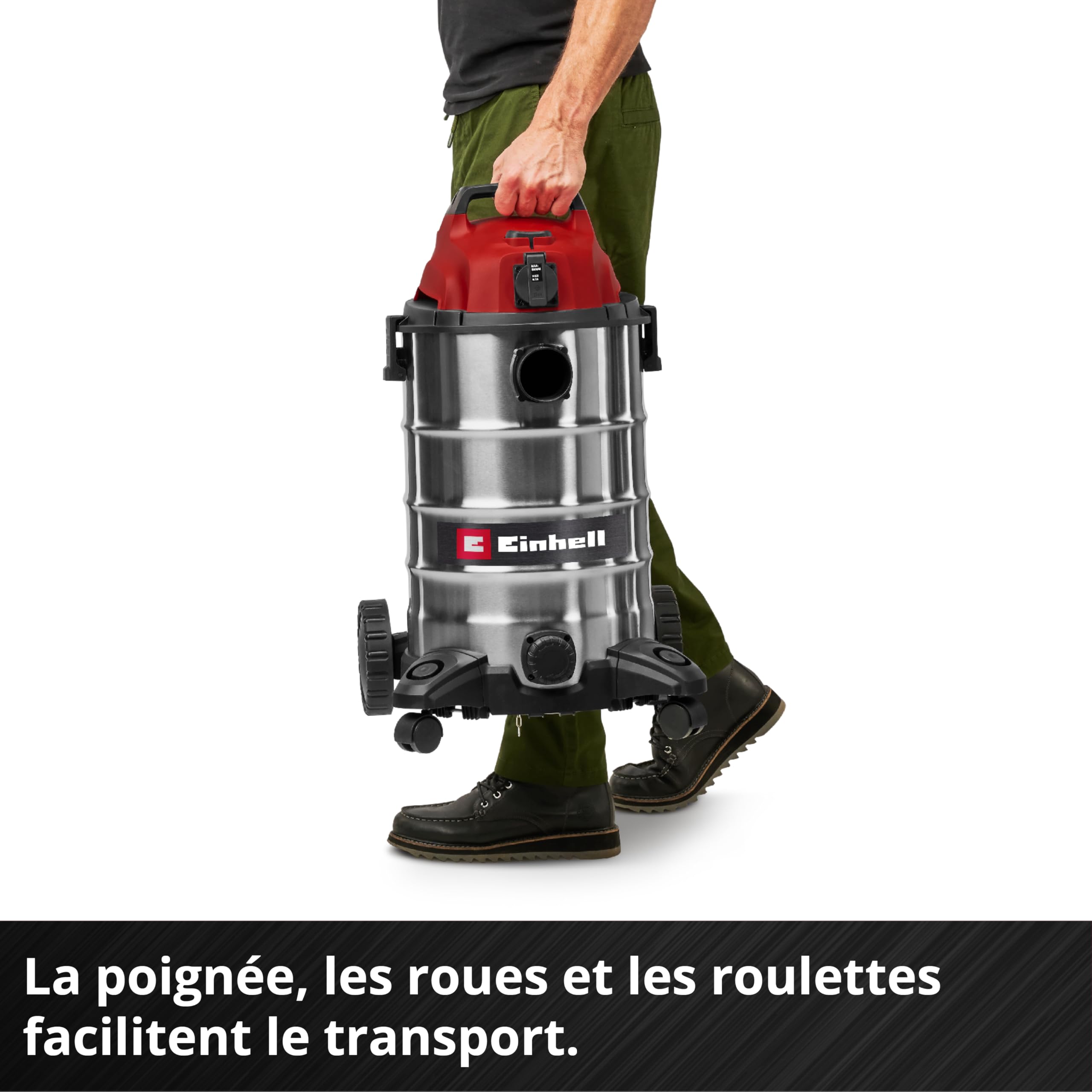 Einhell Aspirateur eaux et poussières TC-VC 3055 SA (900 W, 190 mbar, Prise de Courant asservie, cuve en INOX de 30 l, Roues et roulettes, avec Accessoires, filtres et Sac collecteur de poussière)