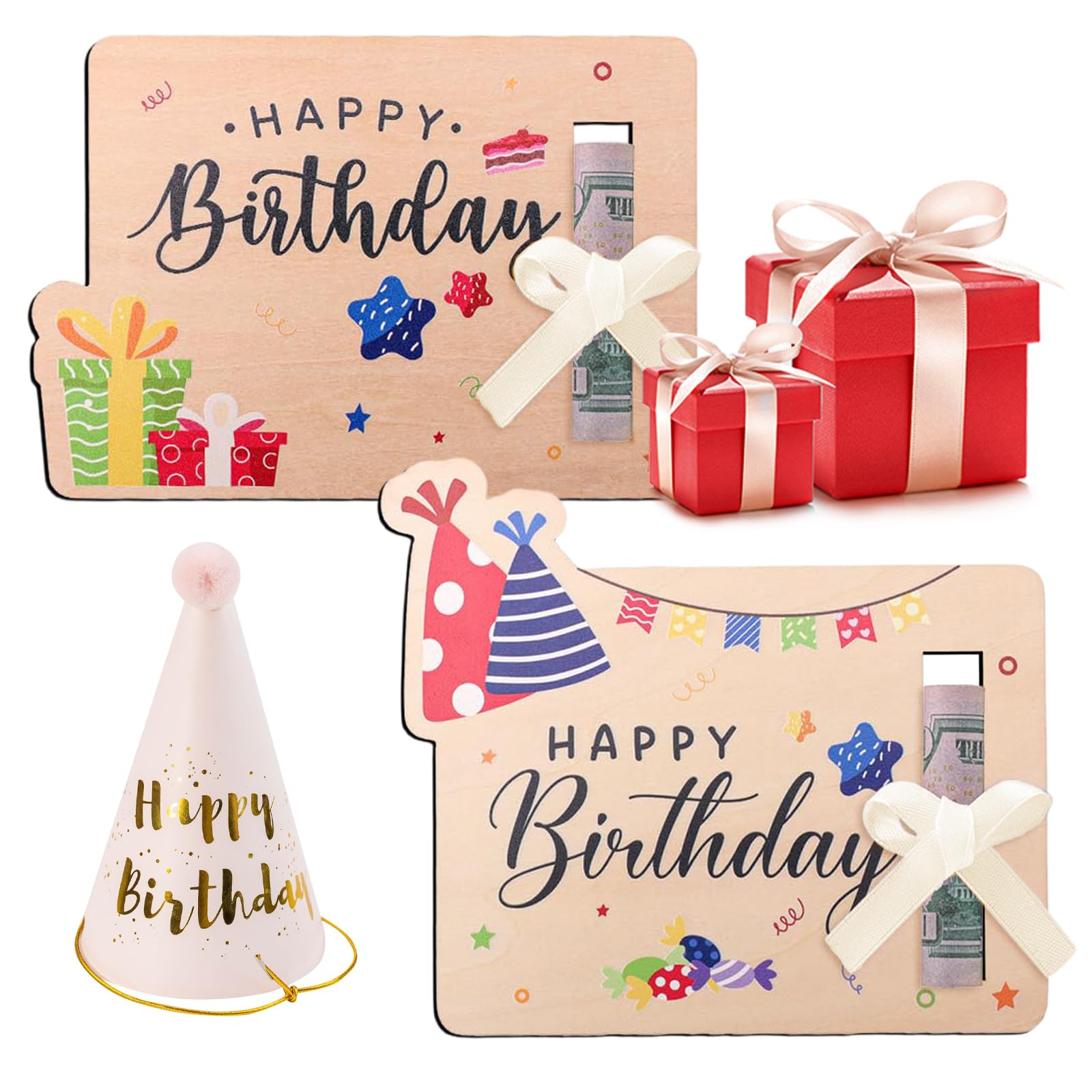 Birthday Greeting Cards Wooden Fun Money Holder for Cash Gift, Money Wallets for Cash Gift Ideas Colorful Present Keepsake Birthday Greeting Cards Wallets Write Wishes on the Back 2 Pcs