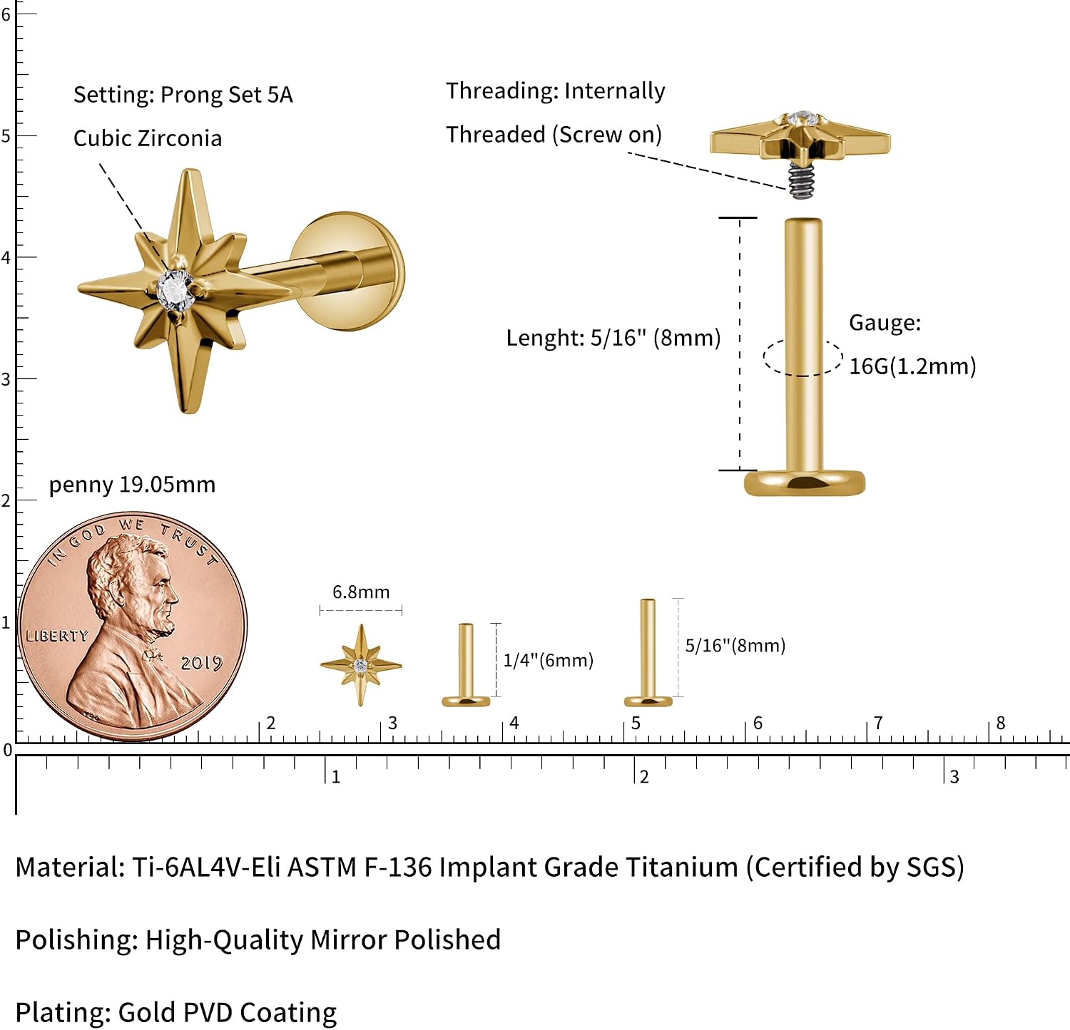 FINE4U 1PC ASTM F136 Titanium North Star Piercing Jewelry for Conch Helix Flat Tragus Lobe 16G 6mm 8mm