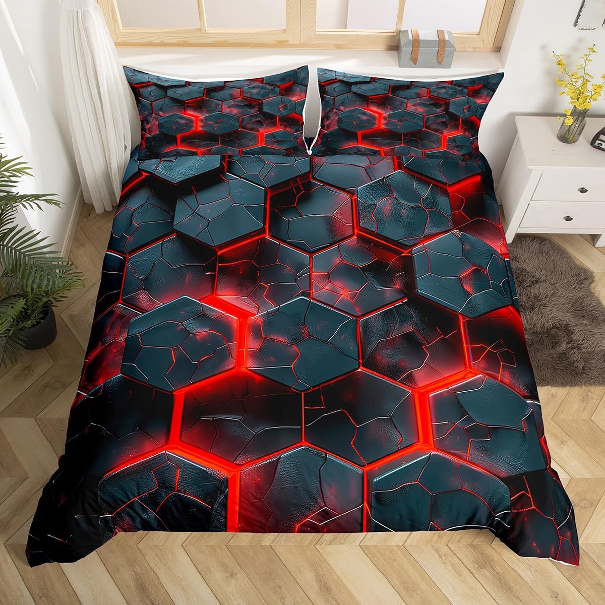 Loussiesd 3D Geometric Honeycomb Duvet Cover Set Single Size For Kids Boys Teens Hexagonal Bedding Set Modern Art Comforter Cover with 1 Pillowcase Stripe Line Beds Set - Image 3
