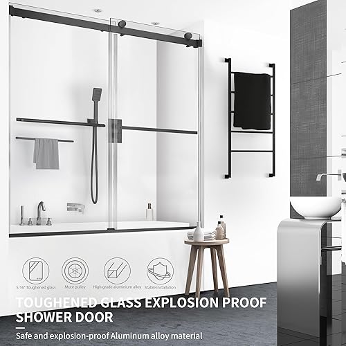 Miniatura 9 de Puerta corrediza de cristal para bañera, 56-60 pulgadas de ancho x 58 pulgadas de alto, sin marco, para baño, vidrio templado transparente de 516