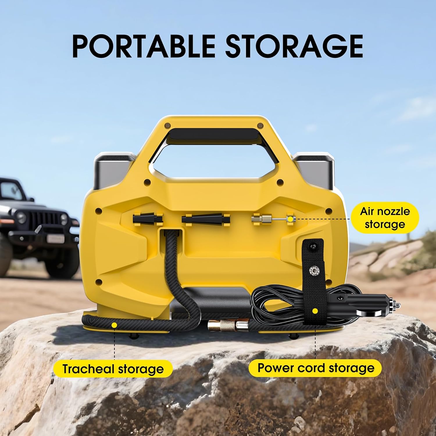 Diagram showing the 10.6 ft power cord and 9.7 ft air tube of the CARSUN inflator, reaching all tires of an SUV.