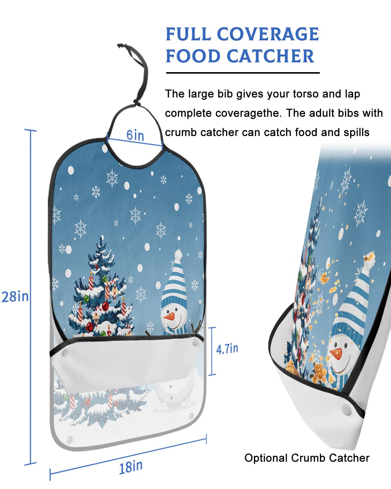Adult Bibs for Elderly Women - Blue Snowman Christmas Waterproof Dining Clothing Protectors with Crumb Catcher for Eating/Feeding, Christmas Tree Xmas Winter Snowflake Terry Cloth Bib Machine Washable