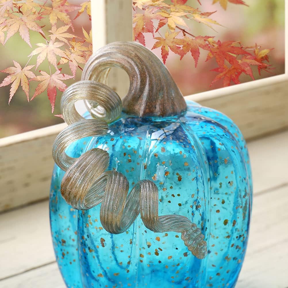 Glitzhome 6.00" Blue Handblown Glass Pumpkin Table Accent for Fall & Harvest Thanksgiving Halloween Decoration image 3