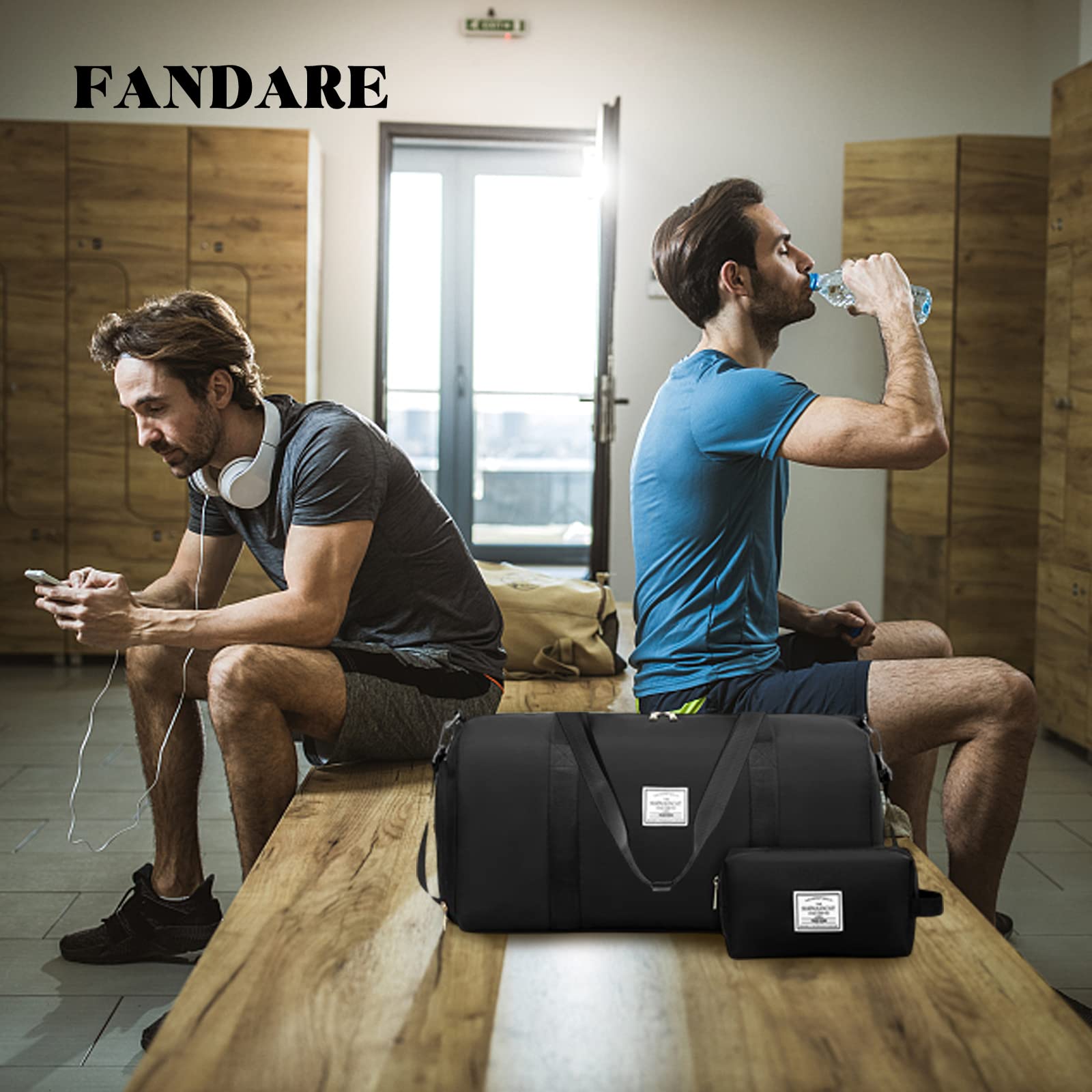 FANDARE Damen Reisetaschen Herren Klassische Sporttaschen Handgepäck mit Kosmetiktasche Weekender Umhängetasche Übernachtung Kliniktasche Schwimmtasche Trainingstasche Tote Bag Schwarz